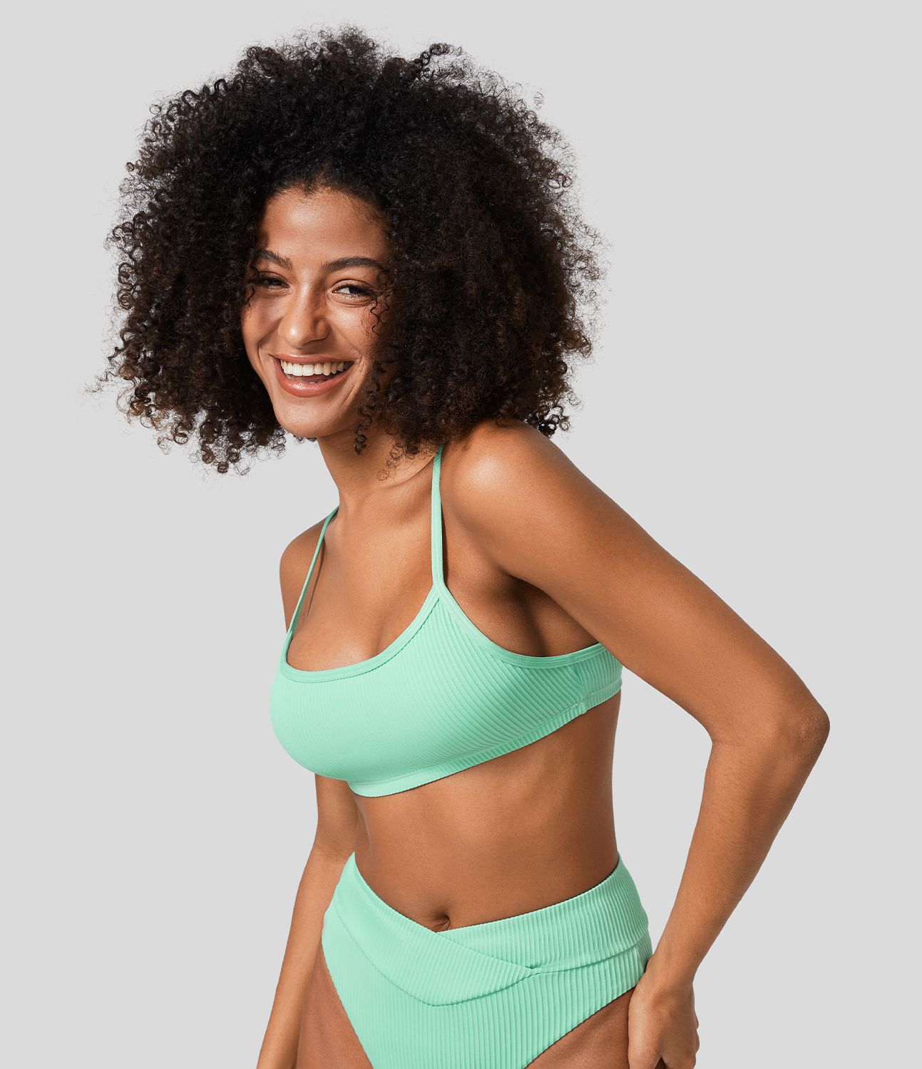 Ribbed adjustable strap backless bikini top swimsuit