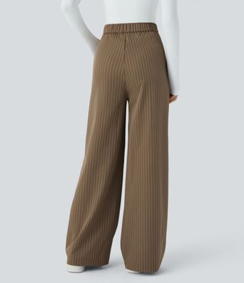 High Waisted Zipper Pocket Wide Leg Striped Work Pants