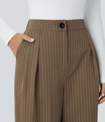 High Waisted Zipper Pocket Wide Leg Striped Work Pants