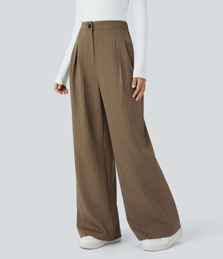 High Waisted Zipper Pocket Wide Leg Striped Work Pants