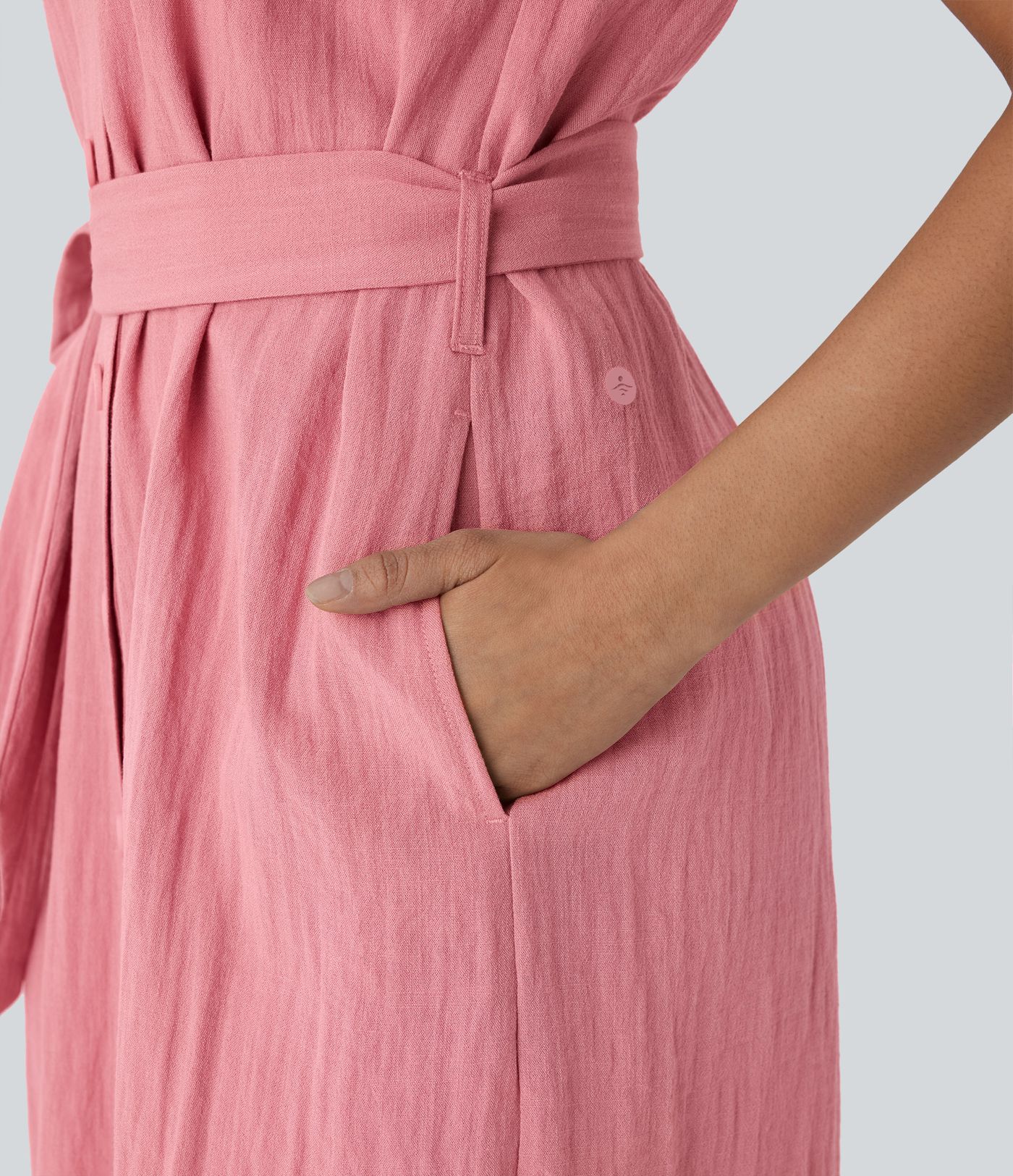 Collared Short Sleeve Button Belted Multiple Pockets Curved Hem Midi Work Linen-Feel Dress