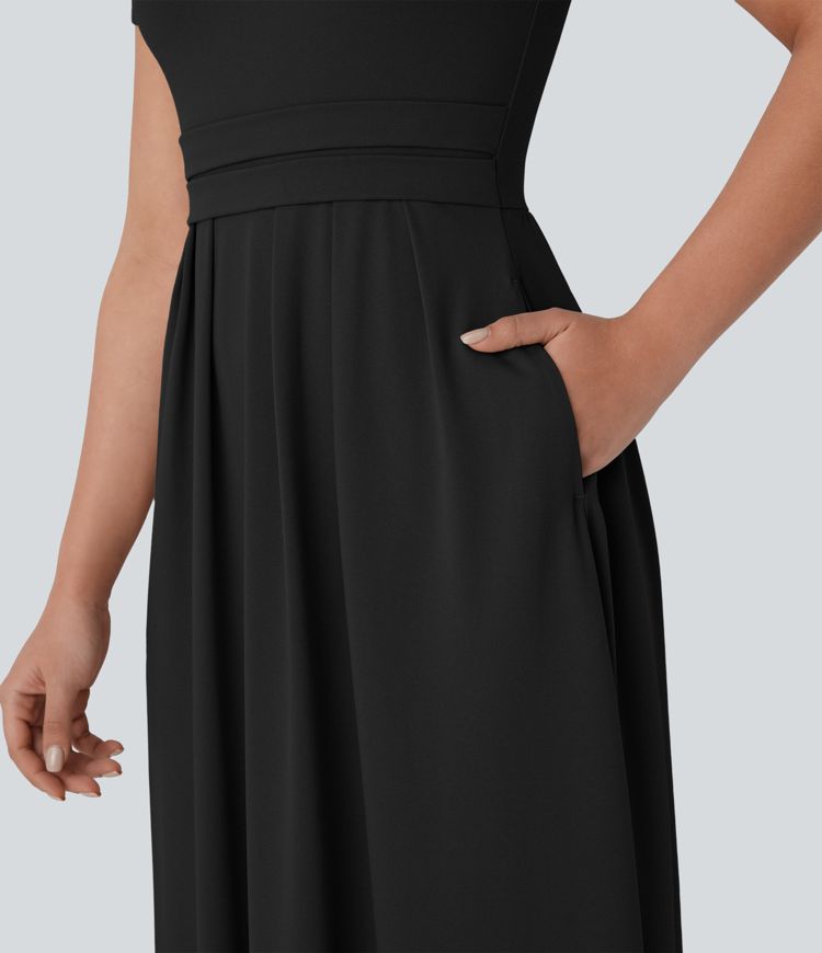 Stand Collar Short Sleeve Pocket Flare Maxi Casual Dress