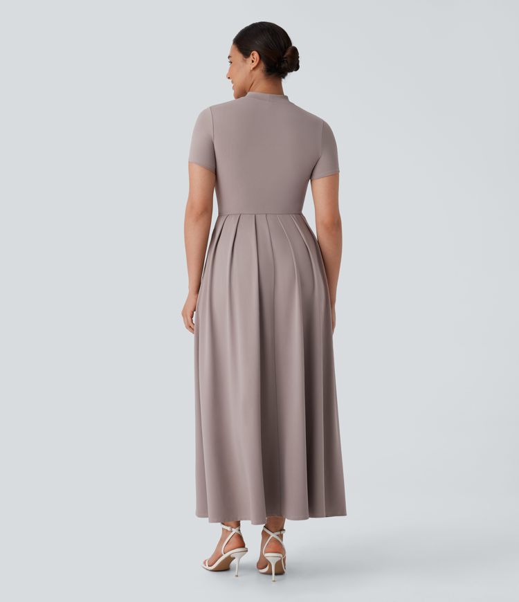 Stand Collar Short Sleeve Side Pocket Flare Maxi Casual Dress