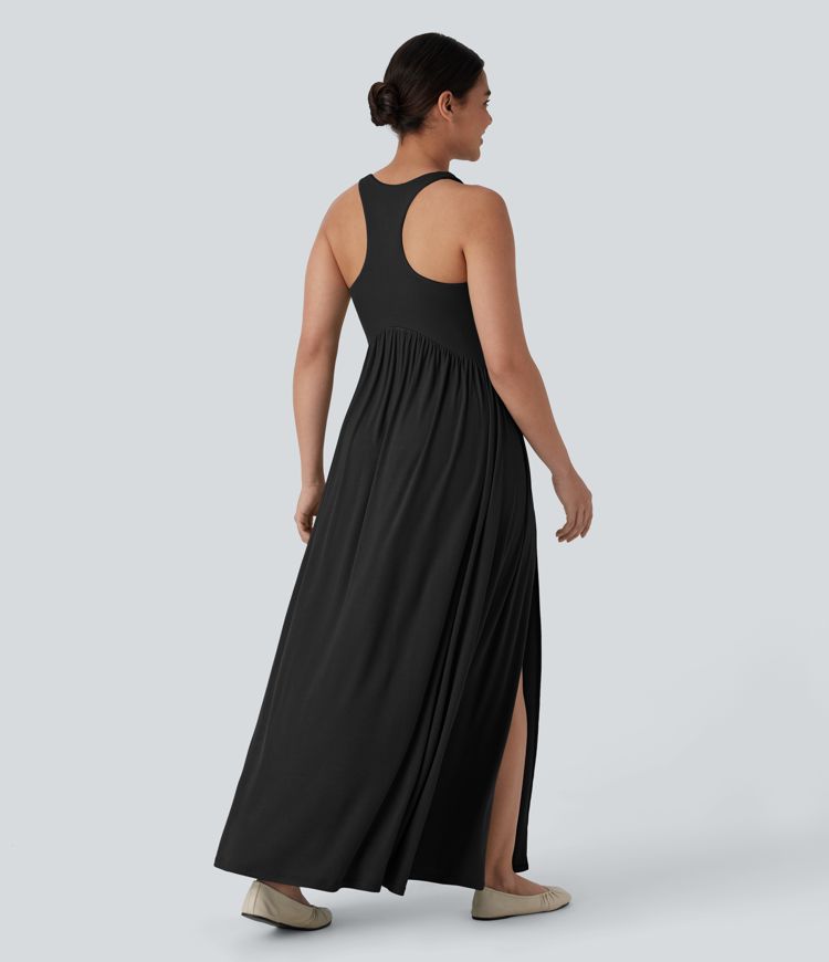 Ribbed Round Neck Racerback Flowy Maxi Casual Dress