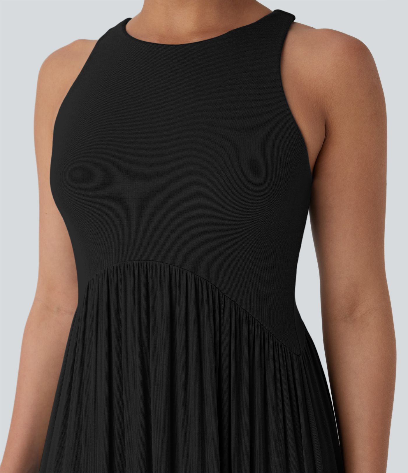 Ribbed Round Neck Racerback Flowy Maxi Casual Dress