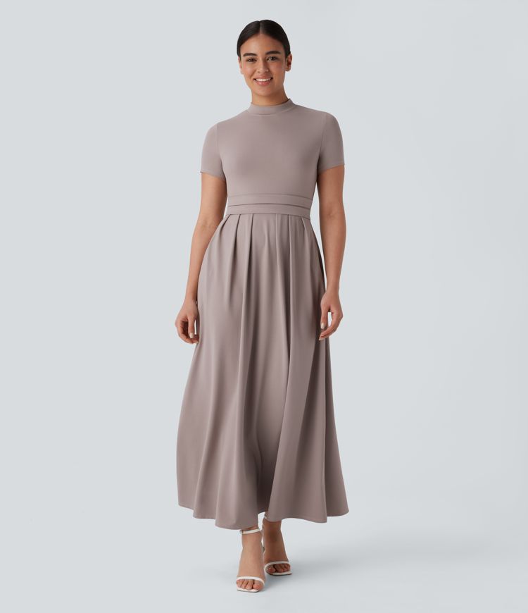 Stand Collar Short Sleeve Side Pocket Flare Maxi Casual Dress