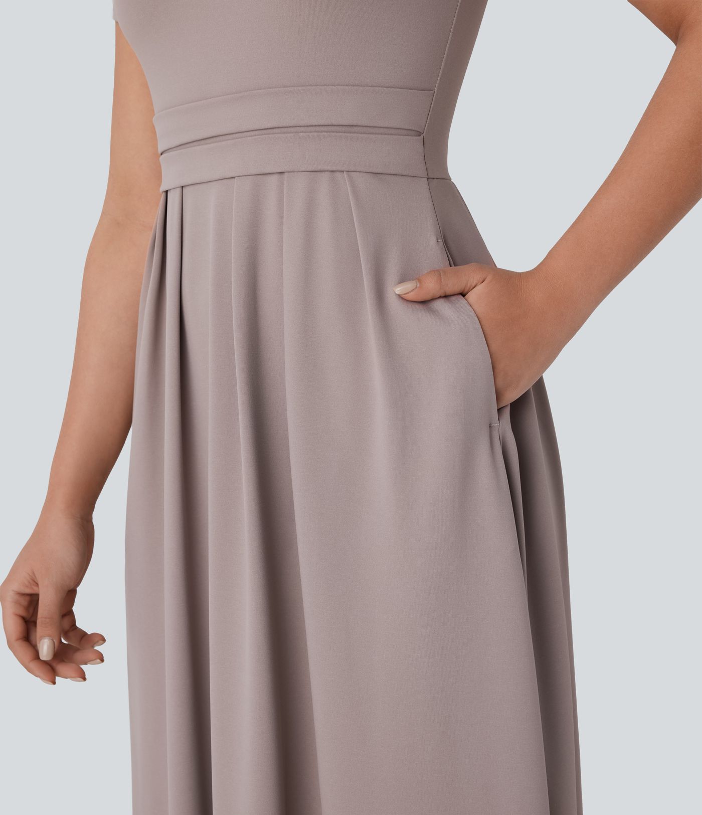 Stand Collar Short Sleeve Flare Women Long Maxi Casual Dress With Pockets