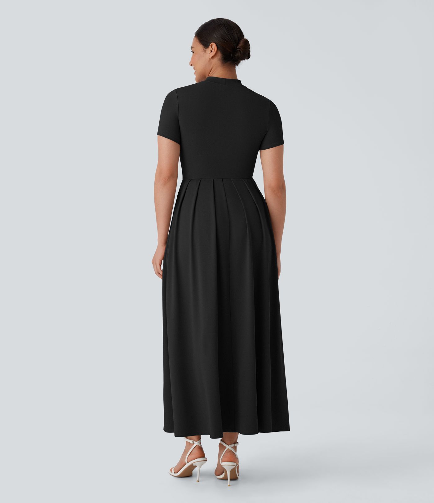 Vestido largo acampanado bolsillo lateral manga corta cuello alto