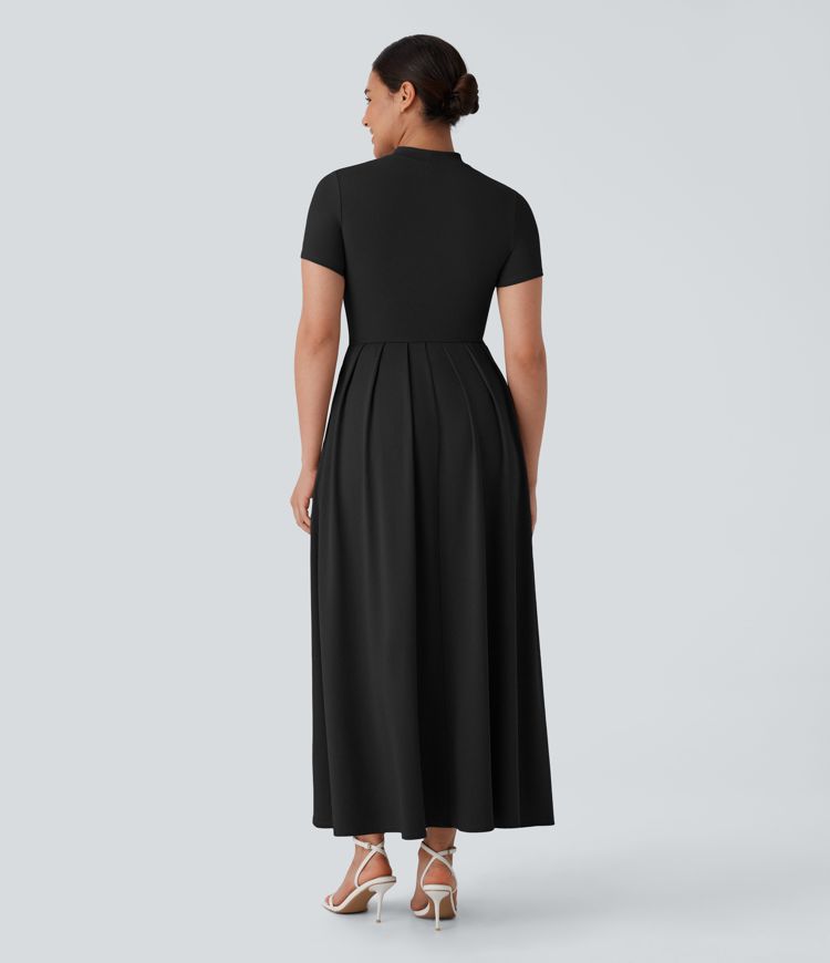 Stand Collar Short Sleeve Side Pocket Flare Maxi Casual Dress