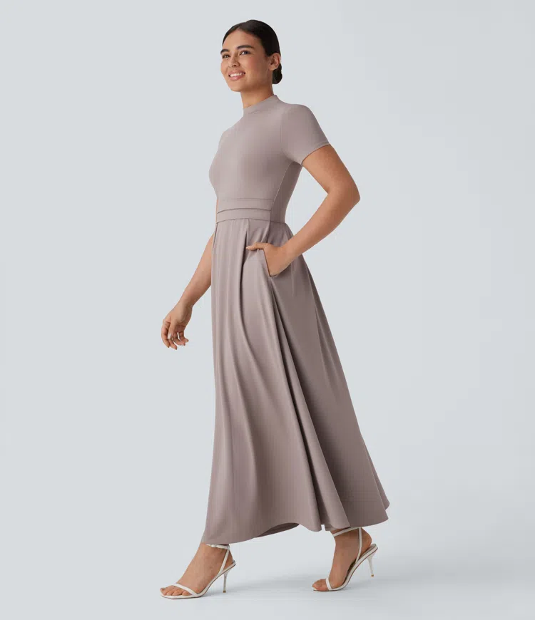 Stand Collar Short Sleeve Pocket Flare Maxi Casual Dress