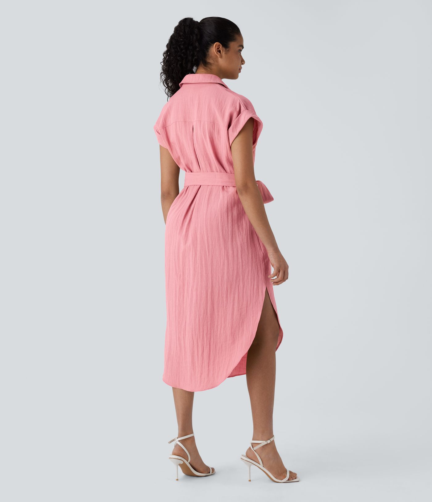 Collared Short Sleeve Button Belted Multiple Pockets Curved Hem Midi Work Linen-Feel Dress