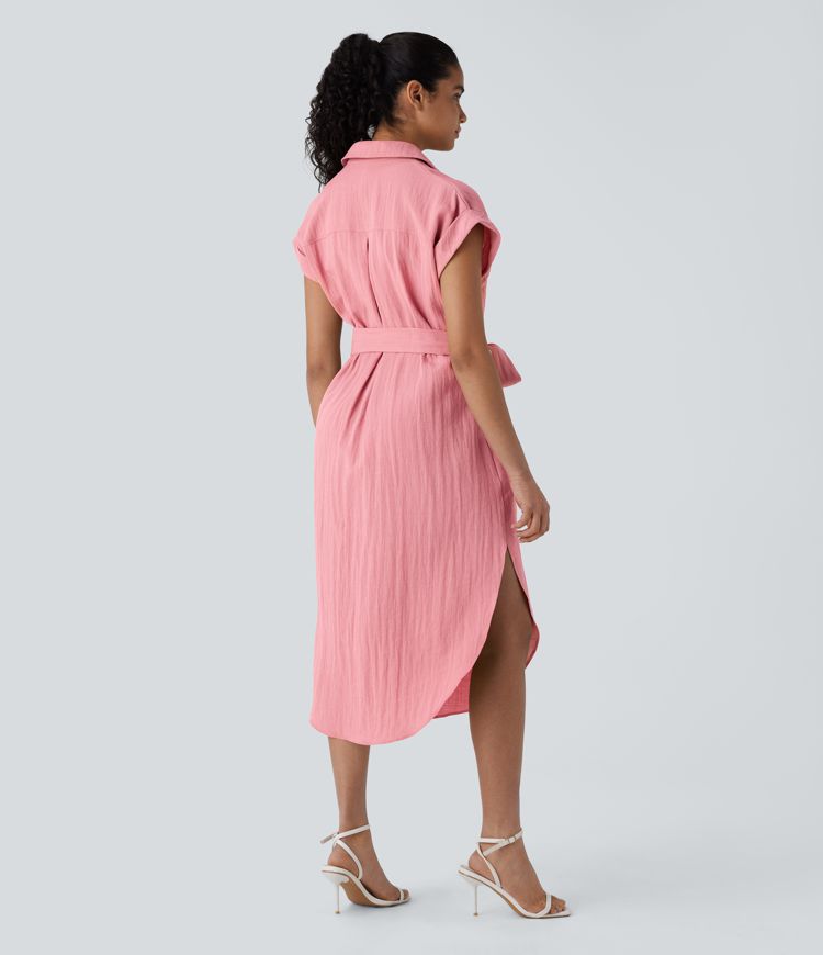 Short Sleeve Belted Pockets Curved Hem Midi Work Linen-Feel Dress