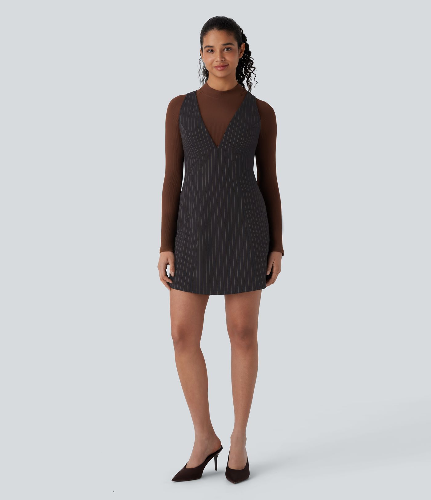 Mini Vestido oficina cuello V tira ajustable botón raya tacto agradable