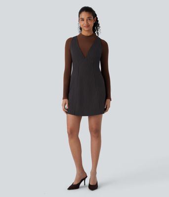 Mini Vestido oficina cuello V tira ajustable botón raya tacto agradable