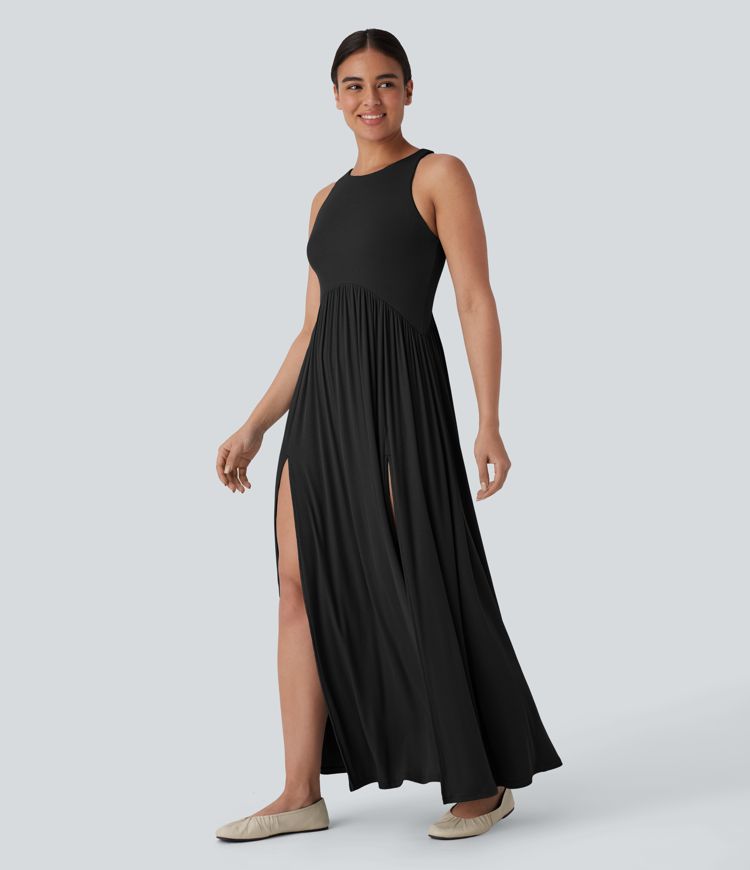 Ribbed Round Neck Racerback Flowy Maxi Casual Dress