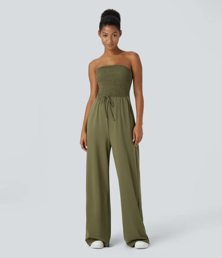 Tube Backless Ruched Knot Side Pocket Wide Leg Casual Jumpsuit