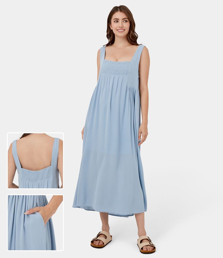 Casual Solid Color Pocket Square Neck Sleeveless Dresses