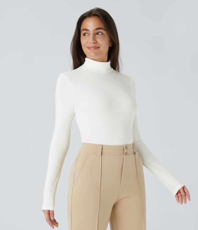 Ribbed Knit High Neck Long Sleeve Button Work Bodysuit