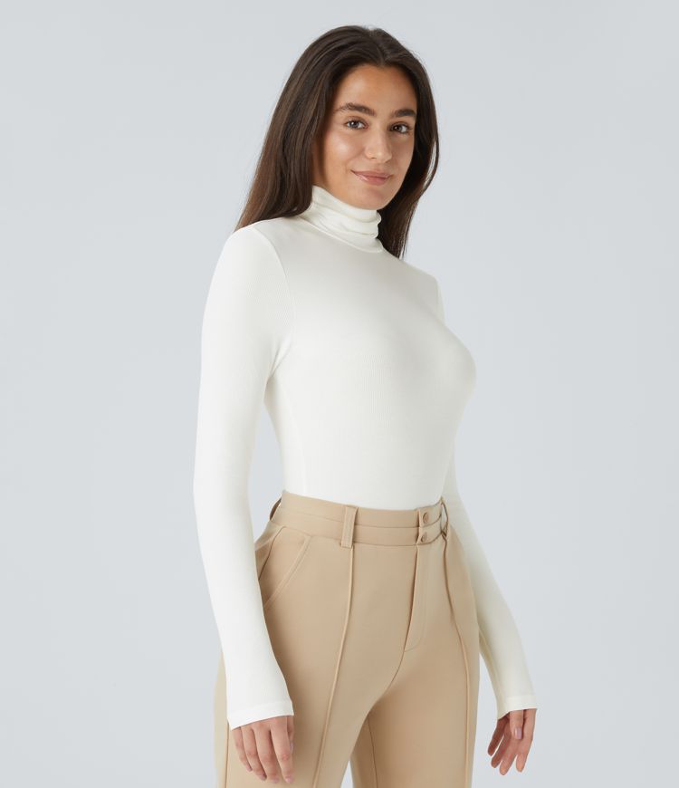 Ribbed Knit High Neck Long Sleeve Button Work Bodysuit