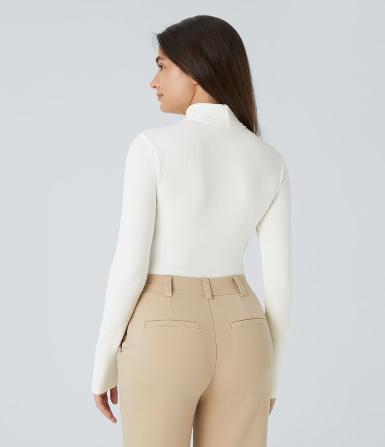 Ribbed Knit High Neck Long Sleeve Button Work Bodysuit