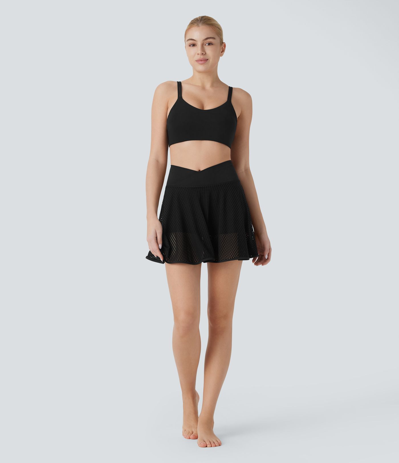 Crossover High Waisted 2-in-1 Pocket Perforated Flare Mini Yoga Skirt
