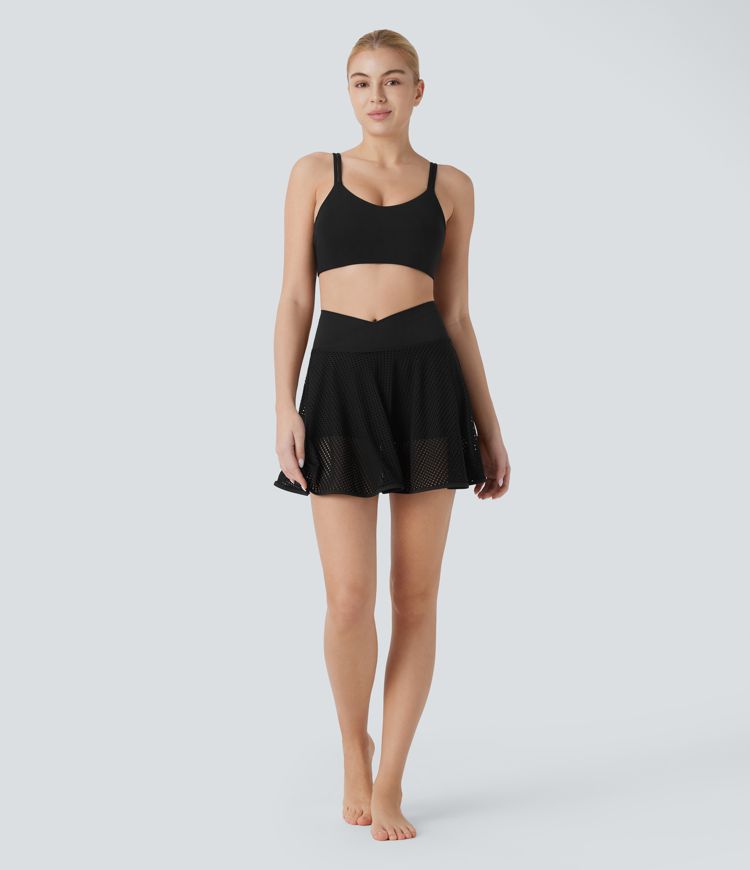 Crossover High Waisted 2-in-1 Pocket Perforated Flare Mini Yoga Skirt