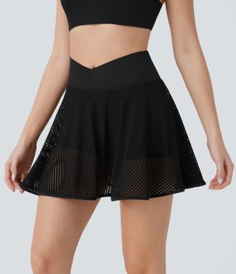 Crossover High Waisted 2-in-1 Pocket Perforated Flare Mini Yoga Skirt