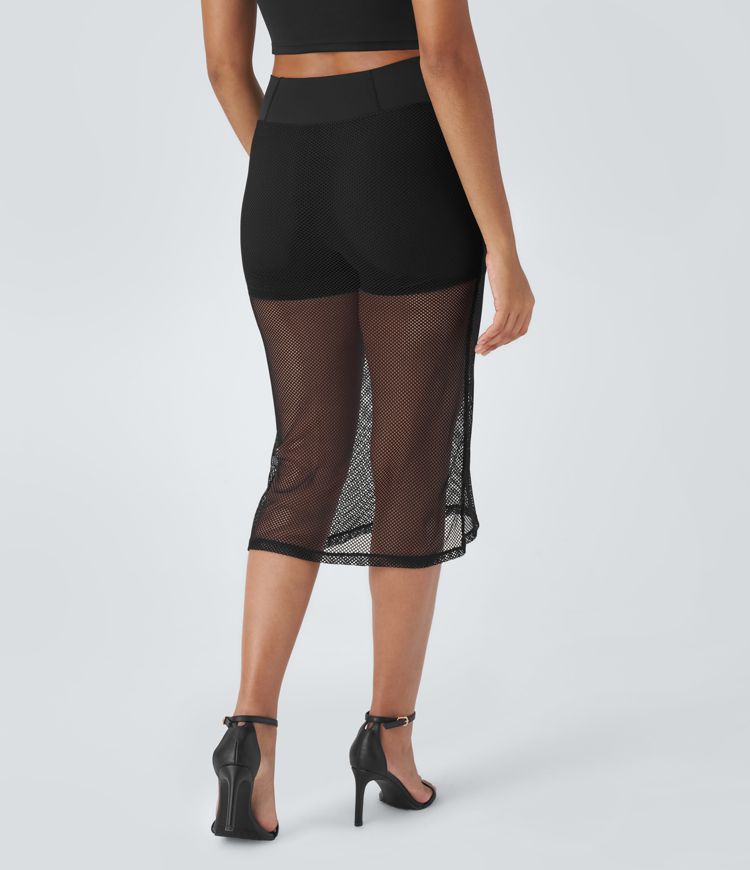 High-waisted back pocket 2-in-1 midi sheer mesh resort skirt
