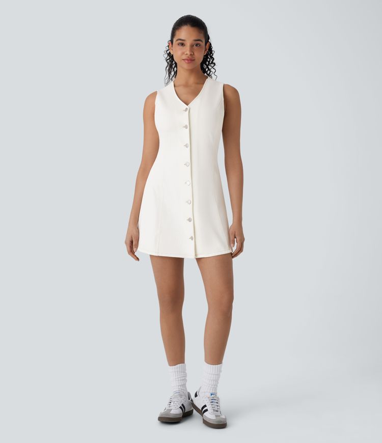 Mini Vestido Halara Flex™ Denim mezclilla elástico botón sin mangas cuello V