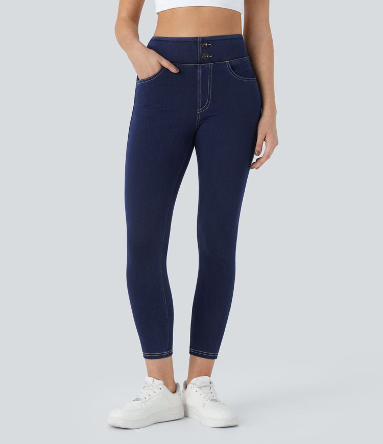 Leggings Halara Flex™ Denim mezclilla punto elástico botones decorativos tiro alto curva múltiples bolsillos 7/8