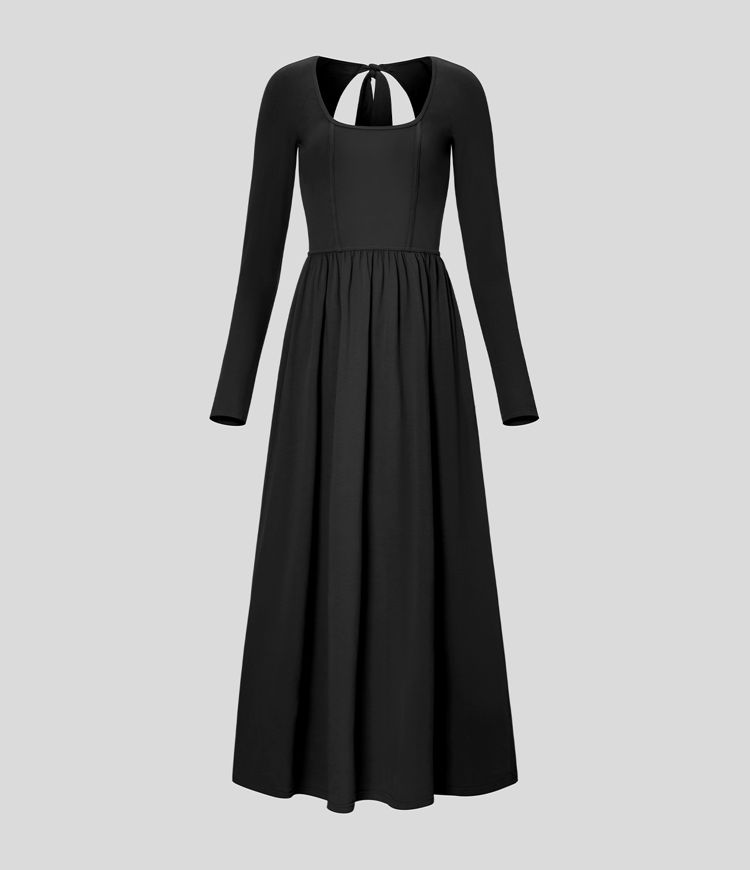 Vestido de algodón casual cuello en U sin espalda con lazos manga larga plisado longitud maxi