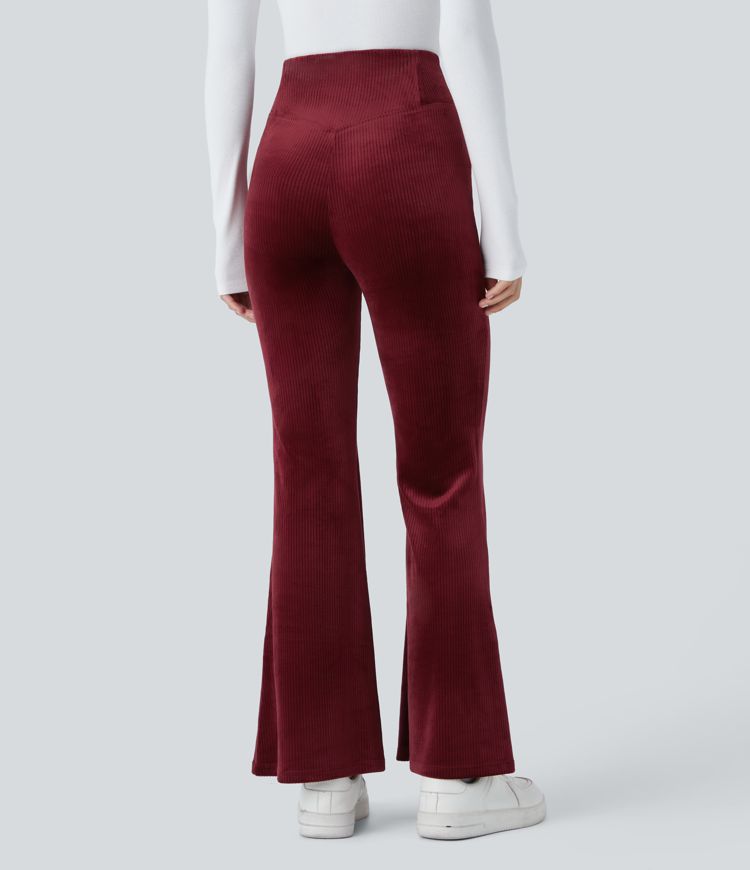 Pantalón acampanado bolsillo trasero cruzado tiro alto terciopelo acanalado