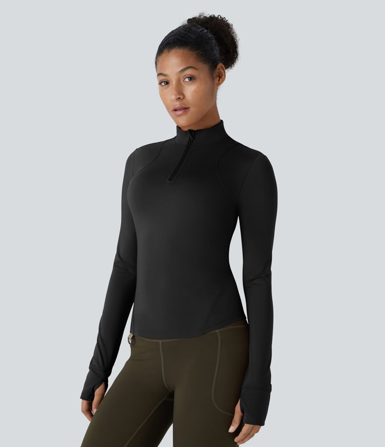 Wear-Resistant Stand Collar Half Zipper Long Sleeve Thumb Hole Slim Camping Sports Top