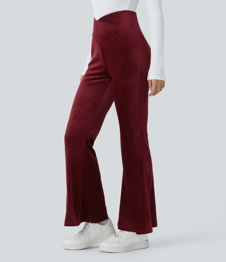 Pantalón acampanado bolsillo trasero cruzado tiro alto terciopelo acanalado