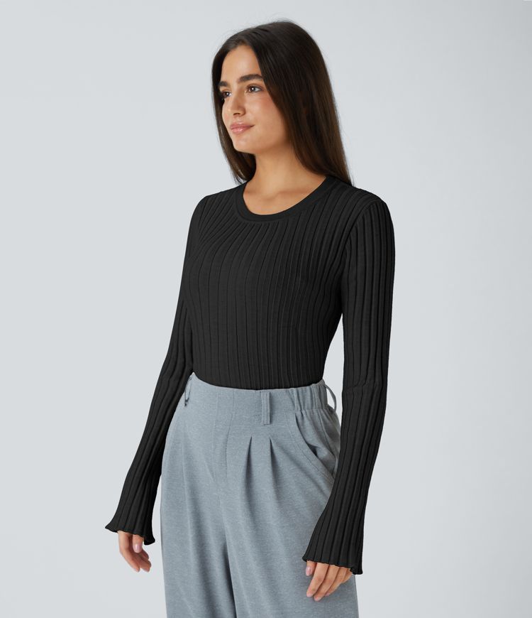 Round Neck Long Sleeve Frill Casual Sweater