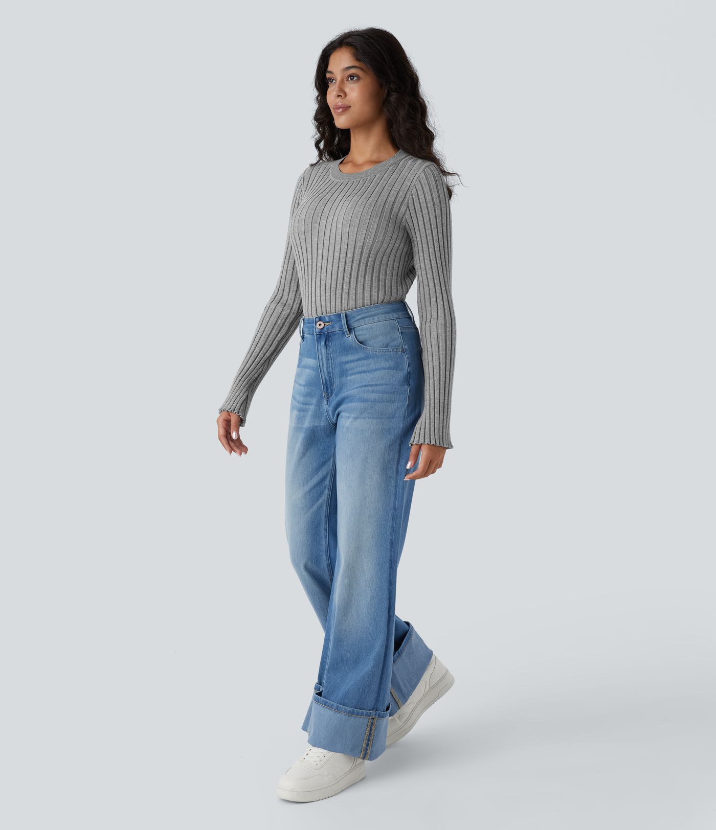 Pull Décontracté à Col Rond, Manches Longues et Volants