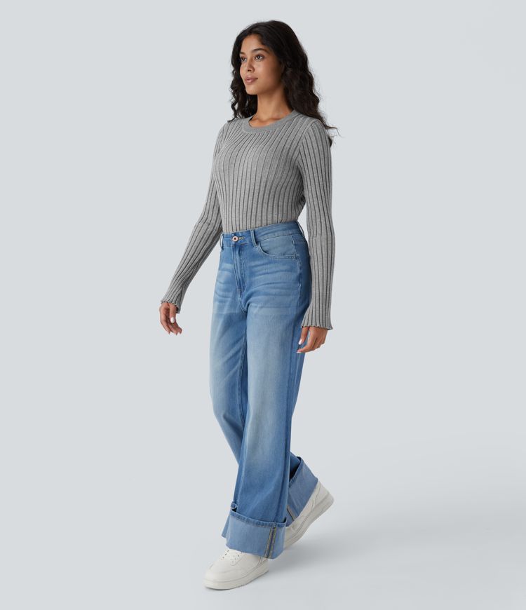 Pull Décontracté à Col Rond, Manches Longues et Volants