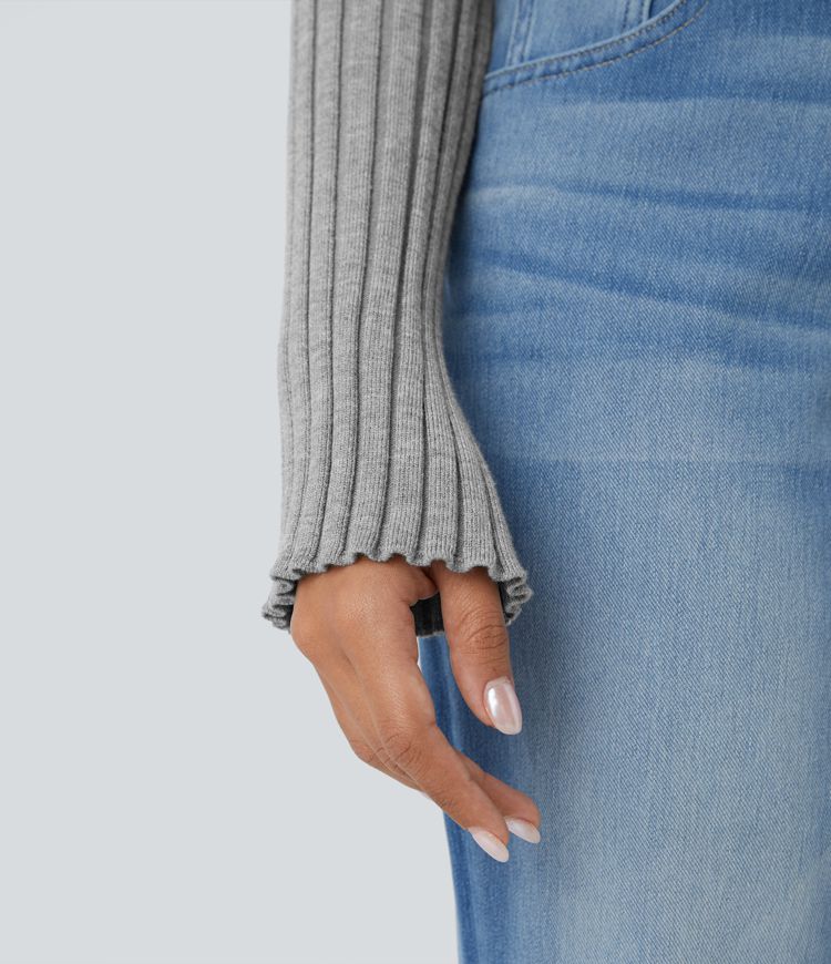 Pull Décontracté à Col Rond, Manches Longues et Volants