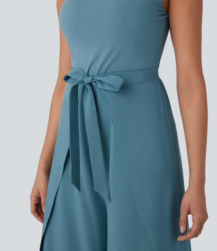 Breezeful™ Stand Collar Sleeveless Tie Front Wide Leg Flowy Quick Dry Jumpsuit
