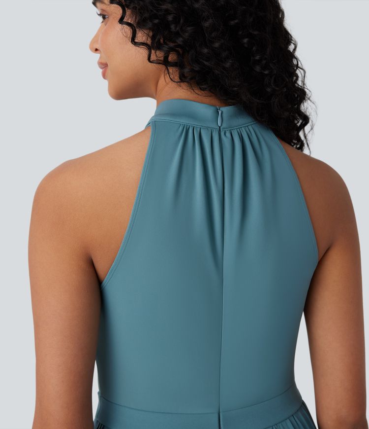 Breezeful™ Stand Collar Sleeveless Tie Front Wide Leg Flowy Quick Dry Jumpsuit