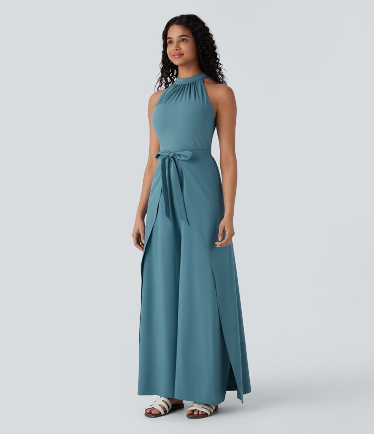 Breezeful™ Stand Collar Sleeveless Tie Front Wide Leg Flowy Quick Dry Jumpsuit