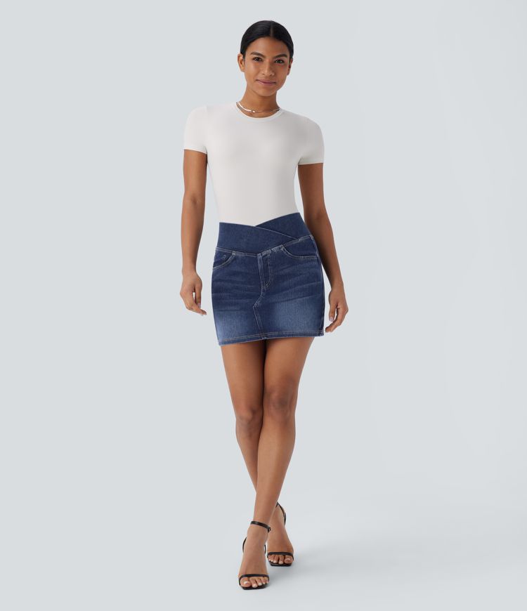 Halara Flex™ Crossover High Waisted Pockets Bodycon Mini Washed Denim Casual Skirt