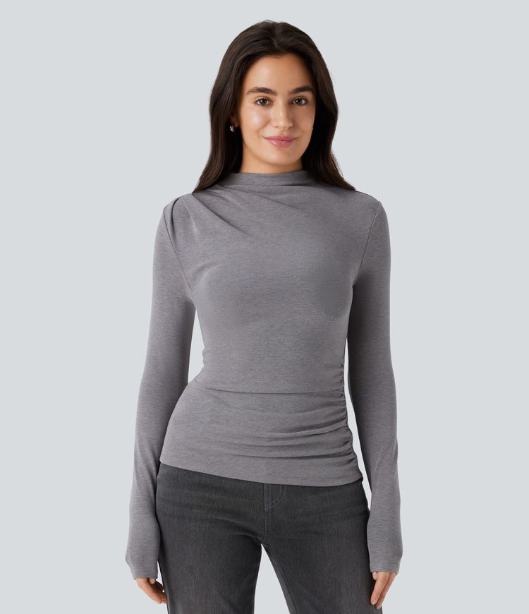 Haut thermique moulant à col cheminée, manches longues et fronces