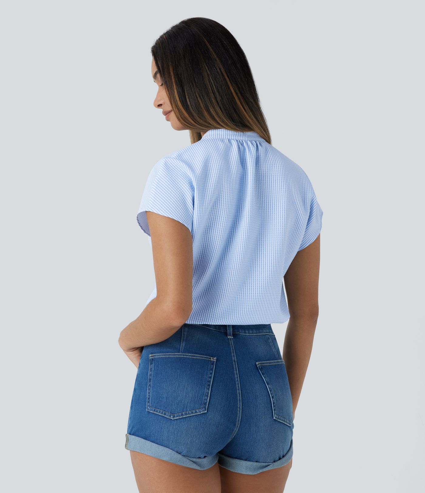 V Neck Short Sleeve Curved Hem Stripe Casual Top