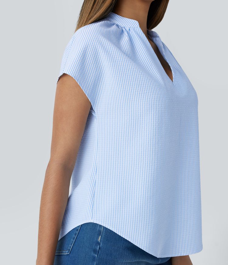 V Neck Short Sleeve Curved Hem Stripe Casual Top