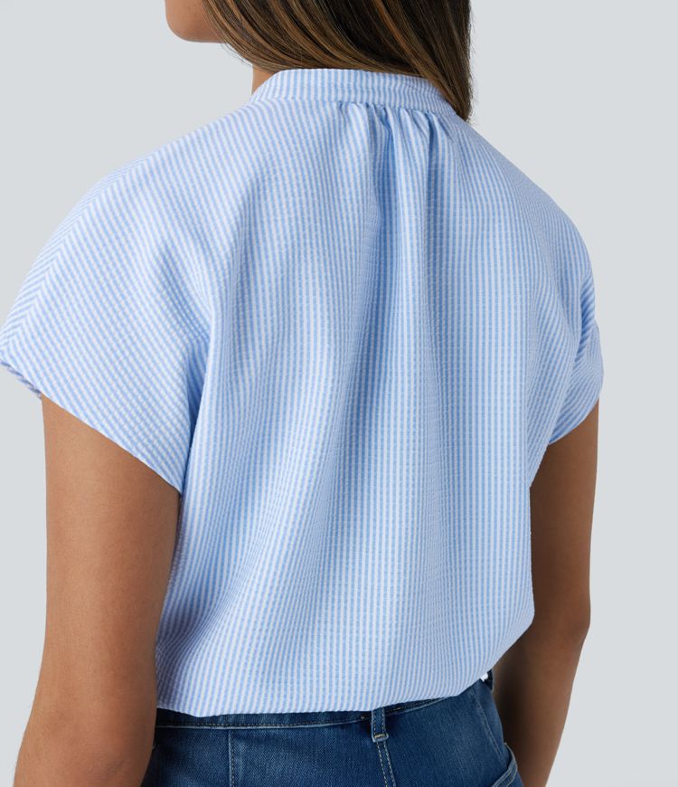 V Neck Short Sleeve Curved Hem Stripe Casual Top