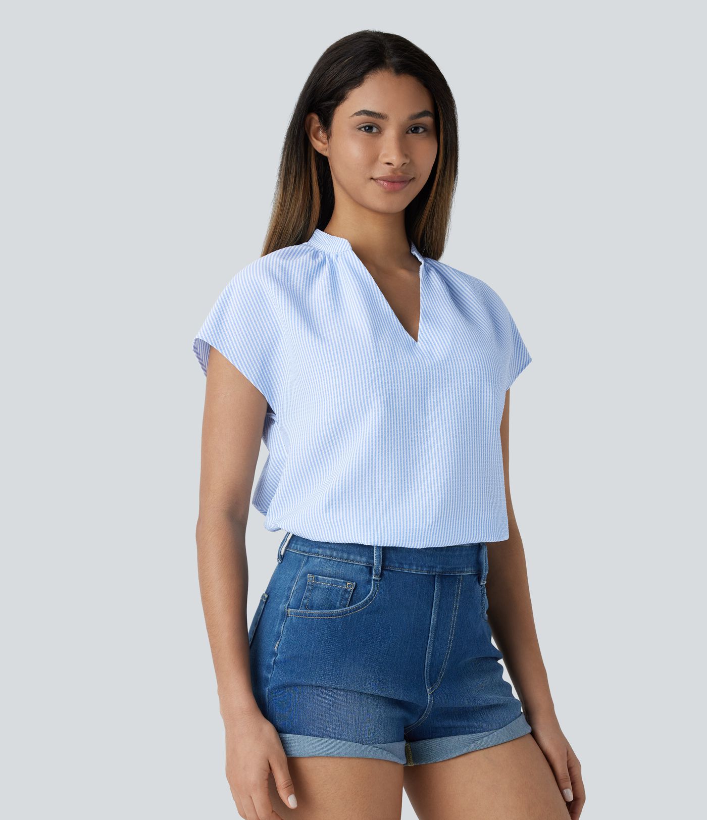 V Neck Short Sleeve Curved Hem Stripe Casual Top