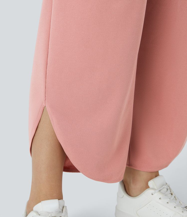 Adjustable strap, pleats, side pocket, curved hem, waffle casual workwear