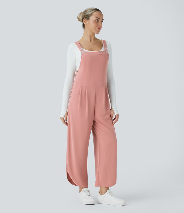 Adjustable strap, pleats, side pocket, curved hem, waffle casual workwear