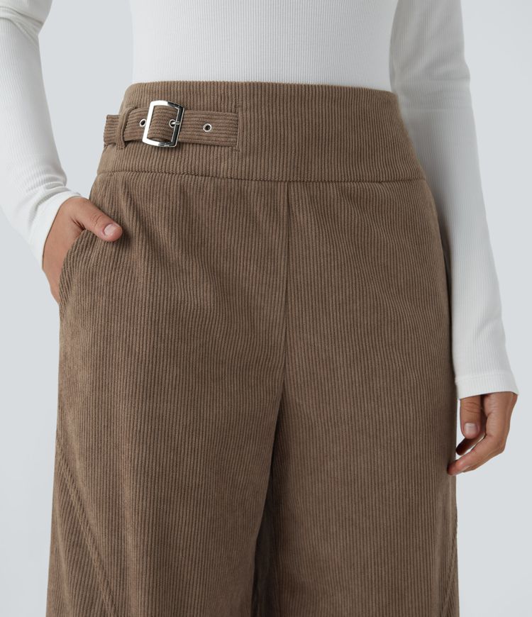 High Waisted Decorative Buckle Pockets Corduroy Casual Cargo Pants